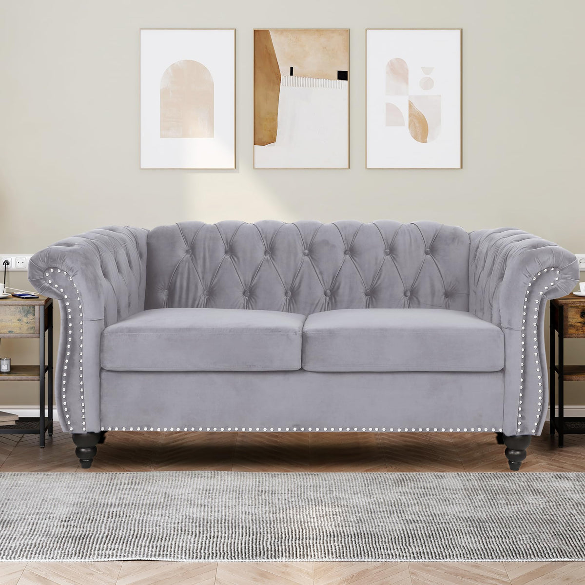 Velvet Loveseat, Chesterfield Love Seat Couch, 2 Seater Accent Sofa with Rolled Arms, Mid-Century Modern Love Seats Tufting Nailhead Trim for Living Room, Bedroom, Home Theater (Velvet, Grey)