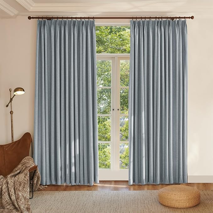 Textured Linen Pinch Pleats 100% Blackout Curtains for Bedroom/Living Room Blackout Curtains 84 Inches Long, Energy Saving Window Treatment Curtains,42Wx84Lx2,Grey Blue