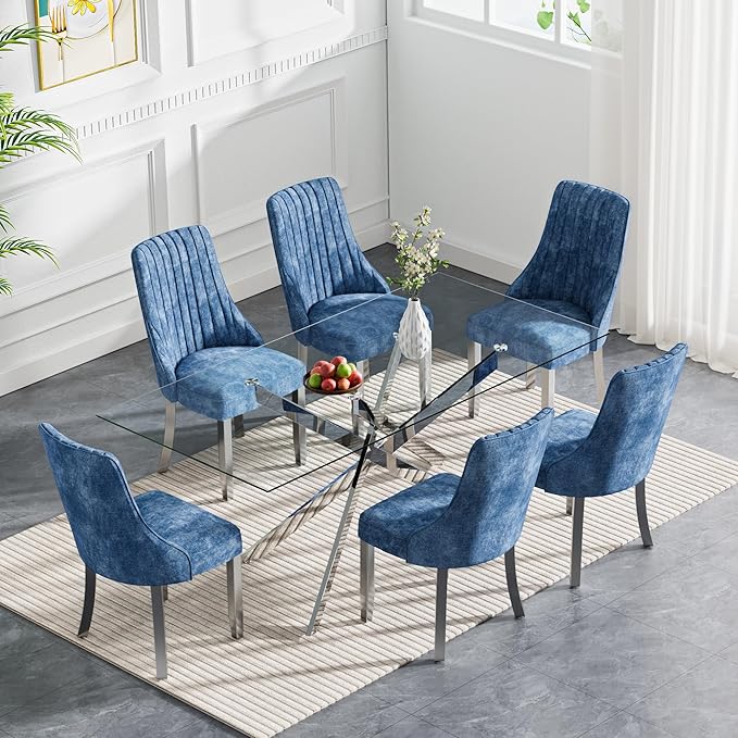 Rectangle Glass Dining Table Set for 6, 52'' Kitchen Table and Chairs Set, 7PCS Modern Dining Room Table Set with 6 Dining Chair for Home