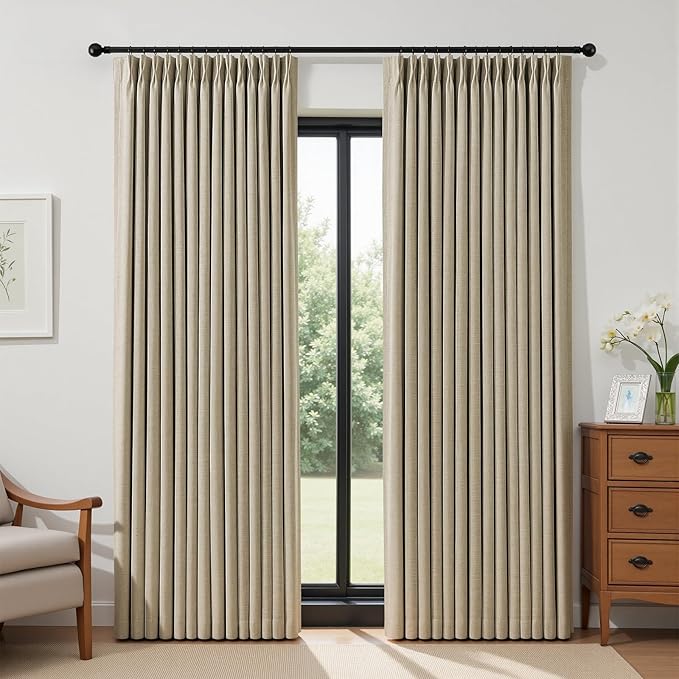 IVAPUPU Sand Pinch Pleated Full Blackout Linen Curtains for Bedroom, Black Out Curtains 108 Inches Long for Living Room Darkening Thermal Insulated Neutral Pleat Drapes with 16 Hooks, 2 Panels