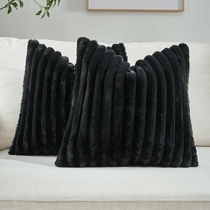 FUTEI Black Throw Pillow Covers Set of 2, 26x26 Inch Striped Texture Euro Pillow Shams with Soft Faux Rabbit Fur Front & Velvet Back, Modern Decorative Couch Pillows for Living Room