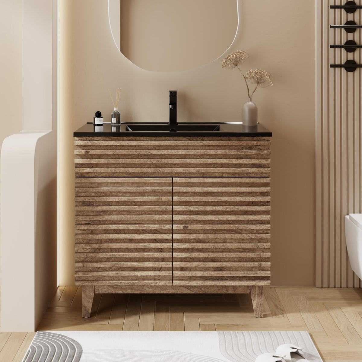 eclife 36" Bathroom Vanity with Sink Combo, Mid-Century Freestanding Cabinet with Wood Stripes Decor, Adjustable Shelf, Undermount Black Single Sink Faucet Drain, Light Walnut