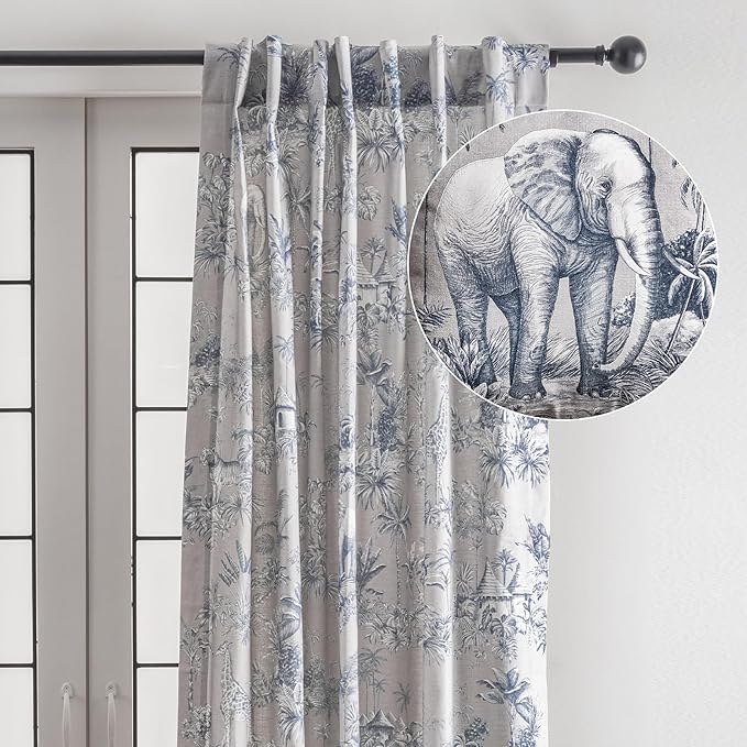 Maison d' Hermine Curtains for Living Room 100% Cotton 124 inch Length One Panel Light Filtering Toile Curtains for Bedroom Windows with Rod and Loop Pockets Drapes (Savana Jouy Blue, 50" W x 124" L)