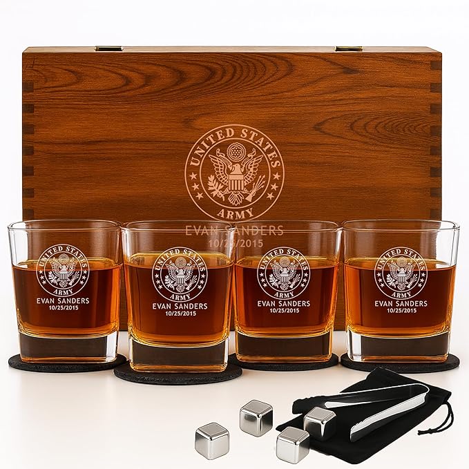 Personalized Military Sets - Custom Engraved Decanter & 4 Scotch Glasses - Army, Navy, Air Force, Coast Guard - Active Duty & Veterans (Sq. Scotch Glass Set)