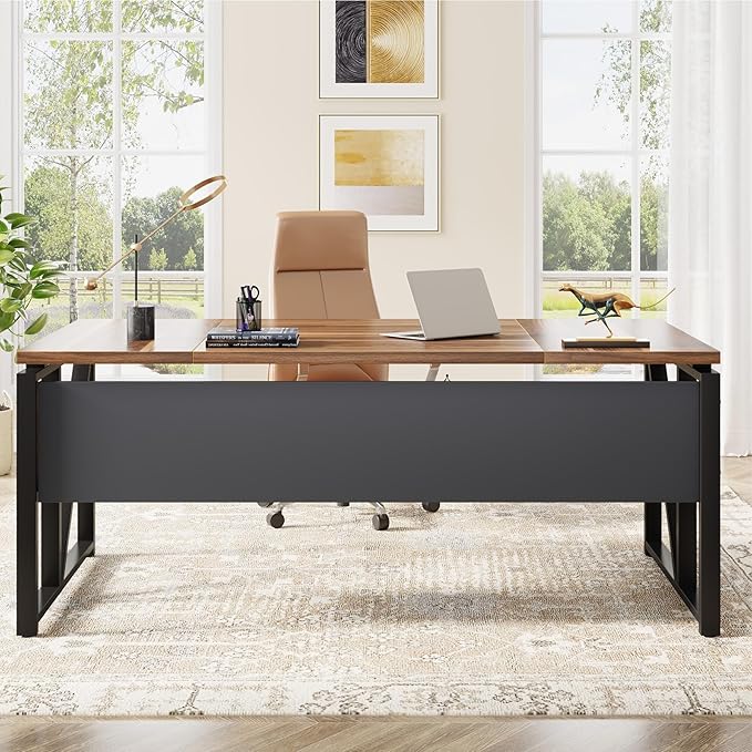 Tribesigns 63 inches Computer Desk with Bottom Storage Shelf Home Office Desk Writing Table for Workstation, Dark Walnut + Steel Leg, Cabinet not Included (Walnul, 63-inch-with Shelf)
