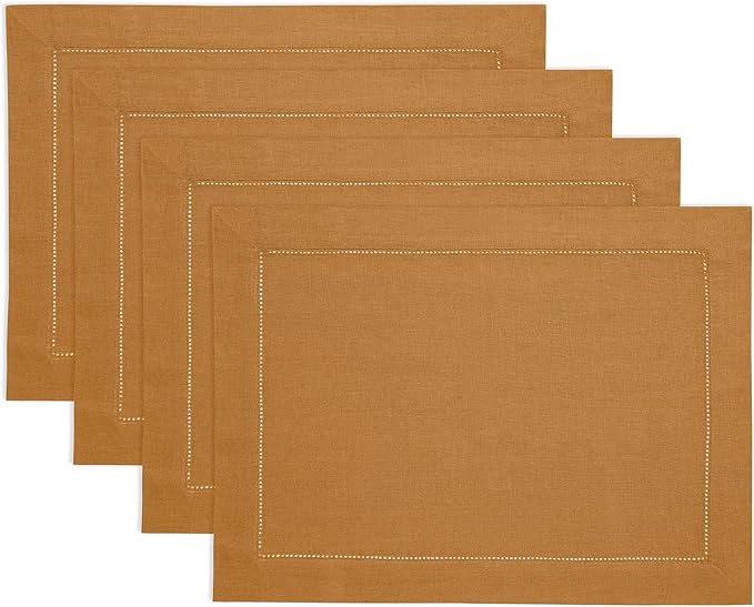 Solino Home Linen Cloth Placemats Set of 4-100% Pure Linen Hemstitch Brown Sugar Placemats 14 x 19 Inch - Classic Hemstitch Table Place Mats