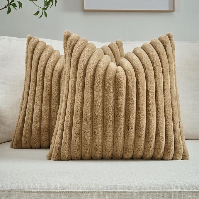 FUTEI Camel Throw Pillow Covers Set of 2, 28x28 Inch Striped Texture Euro Pillow Shams with Soft Faux Rabbit Fur Front & Velvet Back, Modern Decorative Couch Pillows for Living Room