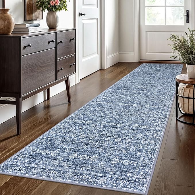 2.6x10 Runner Washable Rug for Kitchen, Blue Soft Classic Runner with Non-Slip, Non-Shedding Distressed Floral Rug for Hallways Entryway Bedroom Bathroom Laundry Indoor