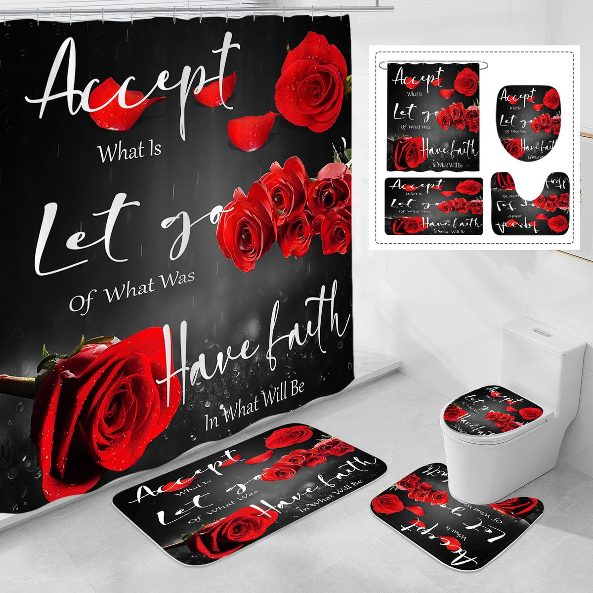 4 Pcs Red Rose Shower Curtain Sets with Non-Slip Rug, Toilet Lid Cover and Bath Mat, Thankful Grateful Blessed Black Red Retro Elegant Shower Curtain Valentine's Day Bathroom Set(Hooks Not Included)