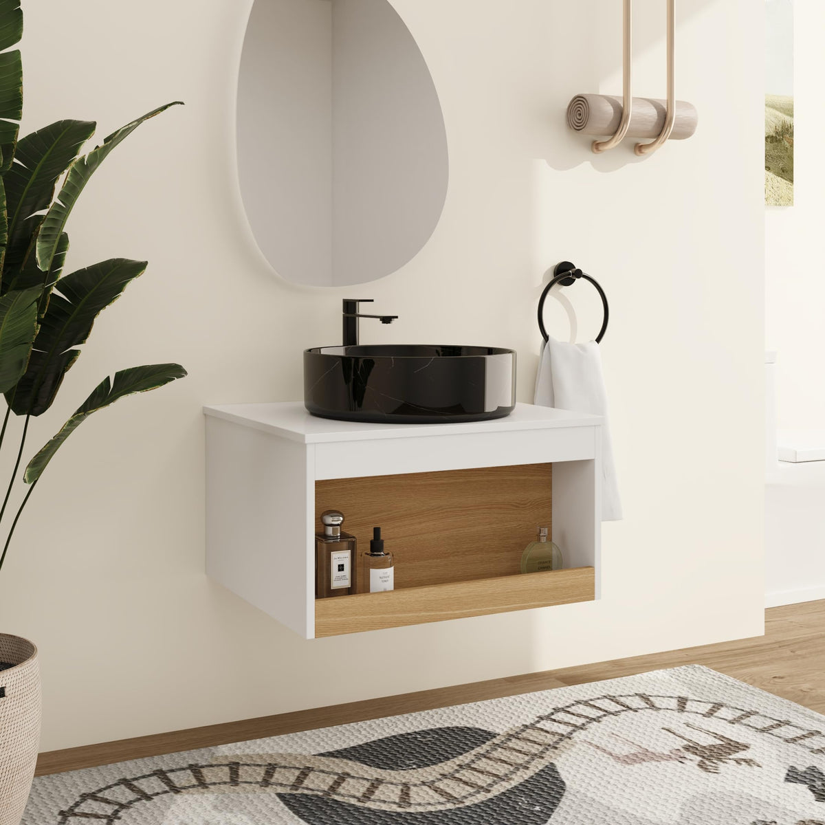 Malwee 24" Floating Bathroom Vanity with Vessel Sink, Wall-Mounted Cabinet with Open Shelf Storage Sink Combo, White Finish & Wood Accent, Round Ceramic Basin, Space-Saving Modern Design.24-RR