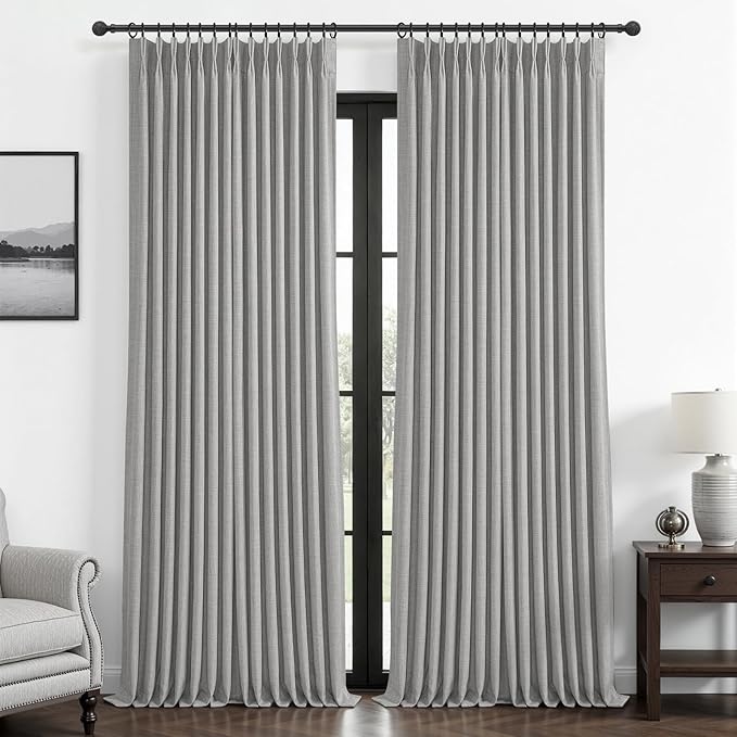 Pinch Pleated Light Grey 108 Inch Large Curtains for Patio Sliding Glass Doors, Extra Long Memory Trained Blackout Double Layer Thick Linen Insulated Sound Dampening Modern Windows Drapes Panels of 2