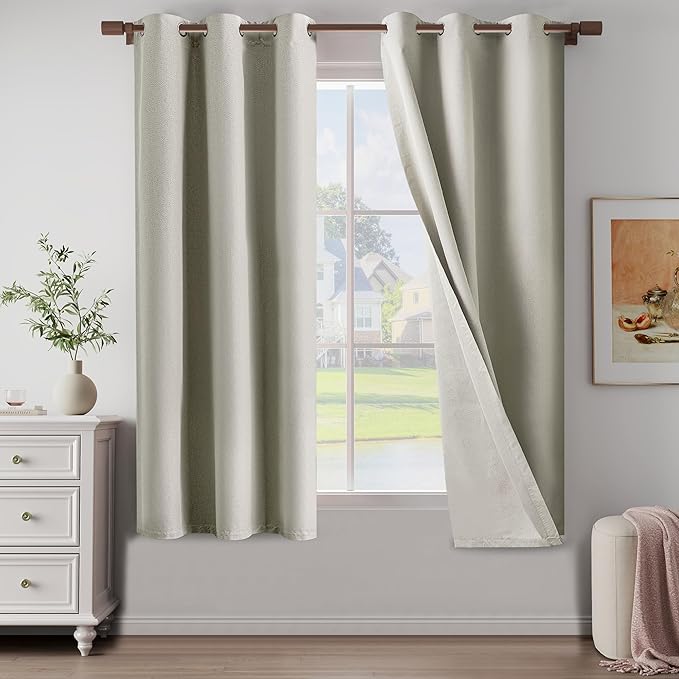 100% Blackout Linen Textured Curtains for Children's Room, Bedroom, Light Weight Curtains with Grommets Top, Full Blackout Curtains Privacy Protection, Natural Linen, 37" W x 72" L, 2 Panels