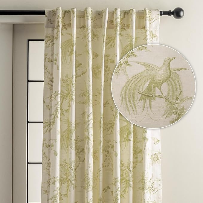 Maison d' Hermine Curtains for Living Room 100% Cotton 84 inch Length One Panel Light Filtering Toile Curtains for Bedroom Windows with Rod and Loop Pockets Drapes (Paradise Sage, 50" W x 84" L)