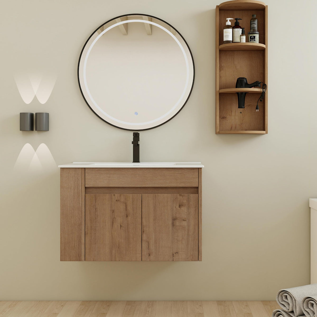 30" Floating Bathroom Vanity with Sink Top Combo Set Wall Mount 2 Storage Door 1 Open Shelf Plywood Construction Wash Basin Bowl Modern 30 Inch + 3 Tiered Wall Mounted Side Shelf Imitative Oak
