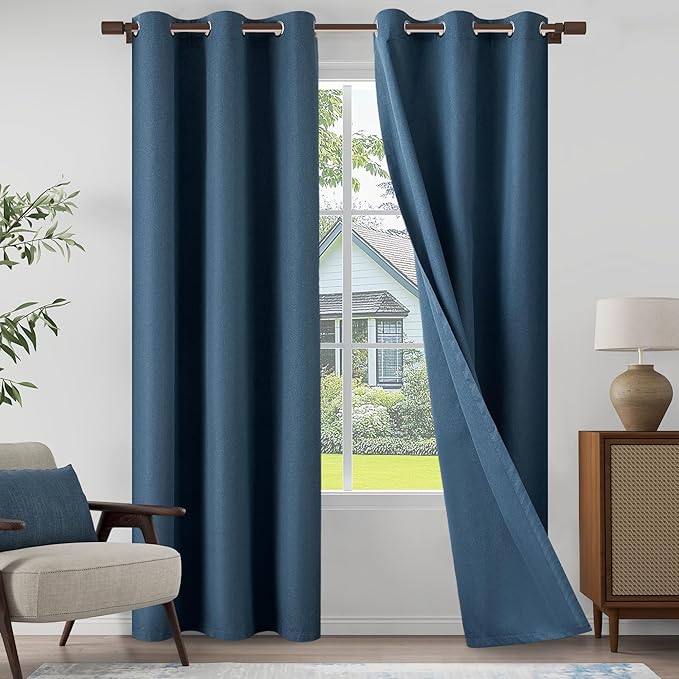 Light Weight Curtains 100% Blackout Linen Textured Curtains 96 Inch Length for Living Room, Bedroom, Full Blackout Curtains with Grommets Top, Dark Blue, 37" W x 96" L, 2 Panels