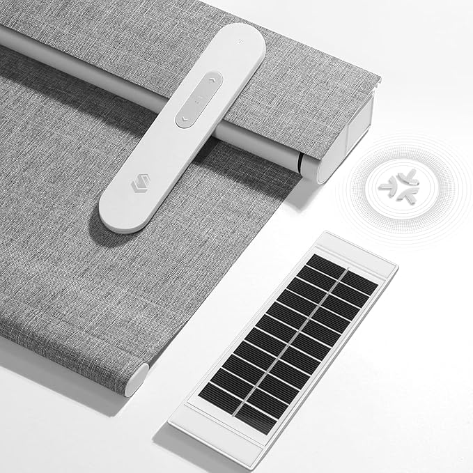 Motorized Blinds with Remote, Hub-Free Smart Blinds Work with Alexa, Automatic Roller Shades for Windows with Matter Motor, Cordless Blackout Shades, Solar Panel, Rechargeable, Grey, 28*72