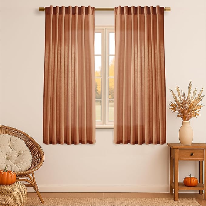 XTMYI Burnt Orange Curtans 63 Inch Length for Bedroom,Sheer Linen Light Filtering Fall Autumn Farmhouse Drapes for Living Room Decor