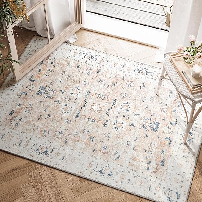 jinchan Area Rug 2x3 Entryway Rug - Washable Vintage Floral Doormat Small Door Mat Indoor Boho Lightweight Thin Non-Slip Retro Distressed Carpet for Doorway Kitchen Bathroom Bedroom Pink Blush