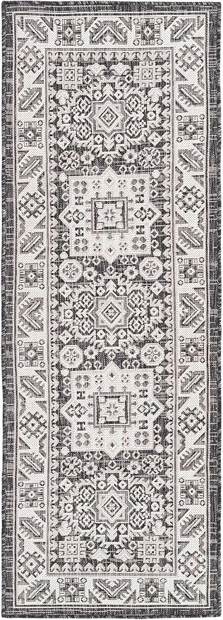 Rugs.com Outdoor Aztec Collection Rug – 6 Ft Runner Charcoal Gray Flatweave Rug Perfect for Hallways, Entryways