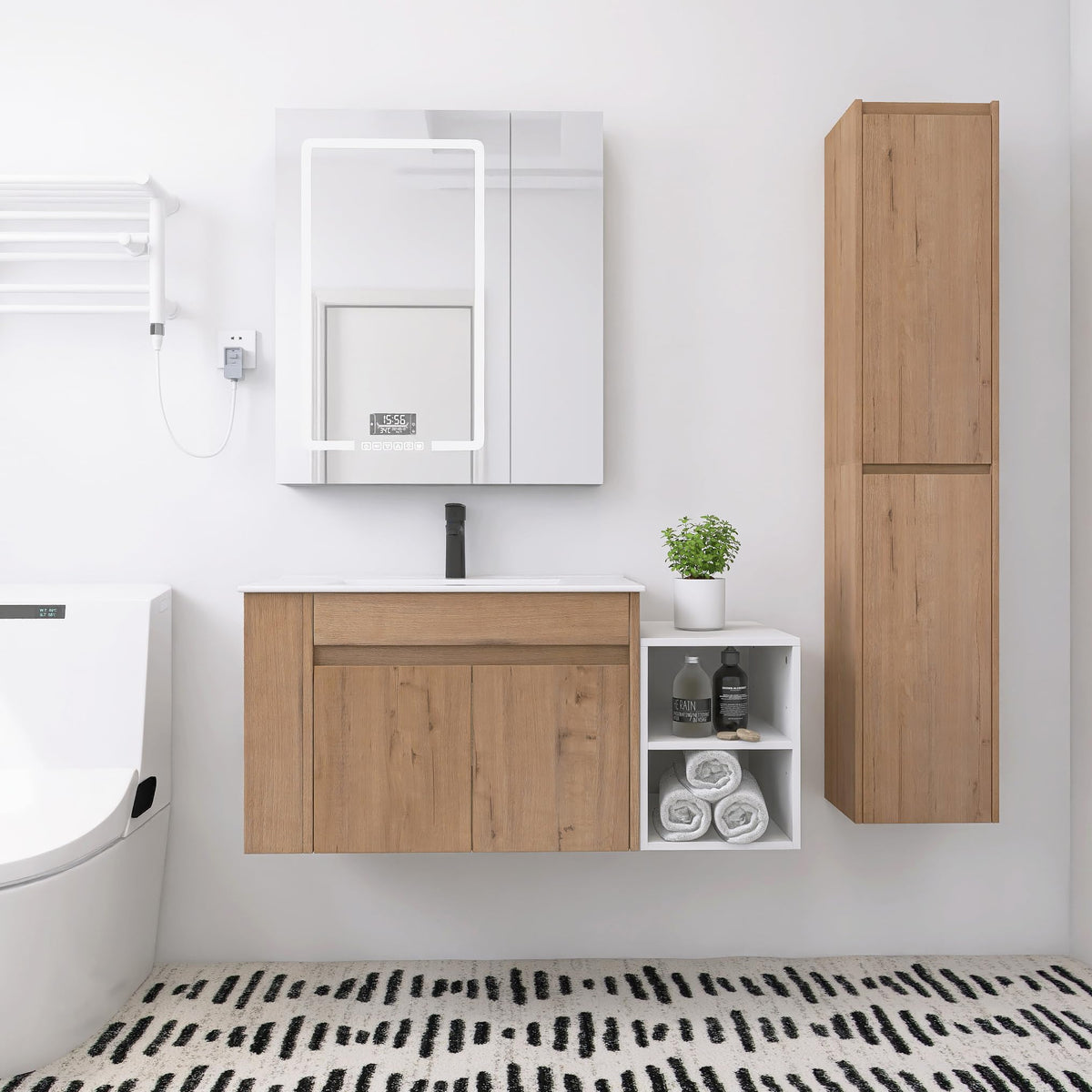 GLORAFIN 42 Inch Modern Floating Bathroom Vanity, Brown Wall Mounted Cabinet Set with Sink, Open Storage Shelf & 2 Side Cabinets