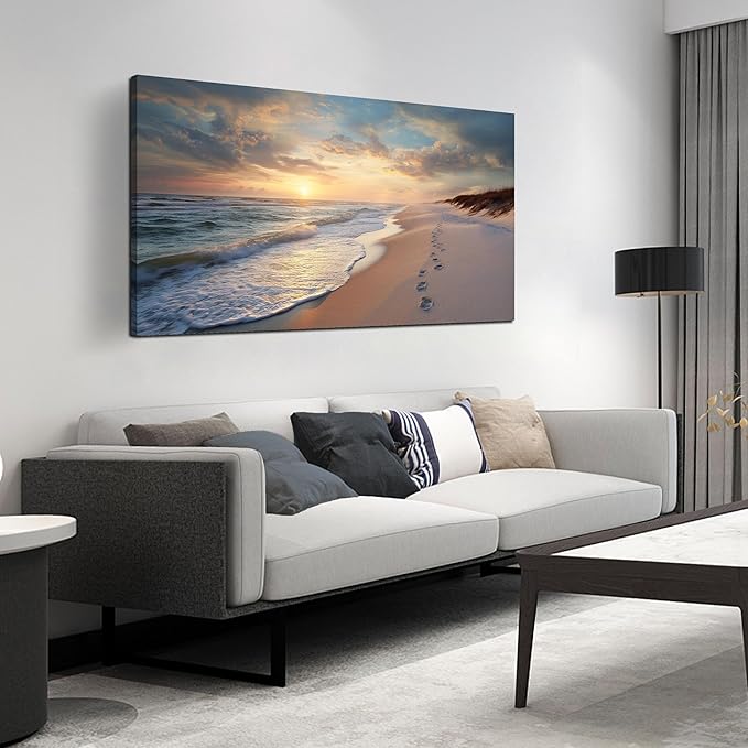 Ocean Wall Art Blue Canvas Sun Art Print Seascape Wall Decor Large Landscape Picture 24" x 48" Artwork for Living Room Bedroom Office