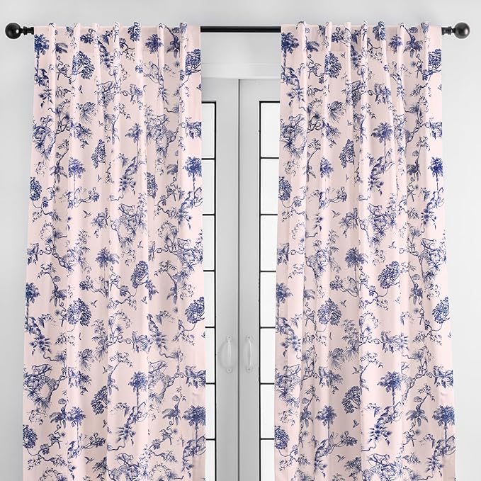 Maison d' Hermine Curtains for Living Room 100% Cotton 96 inch Length Two Panels Light Filtering Toile Curtains for Bedroom Windows with Rod and Loop Pockets Drapes (Bonobo Blue, 50" W x 96" L)
