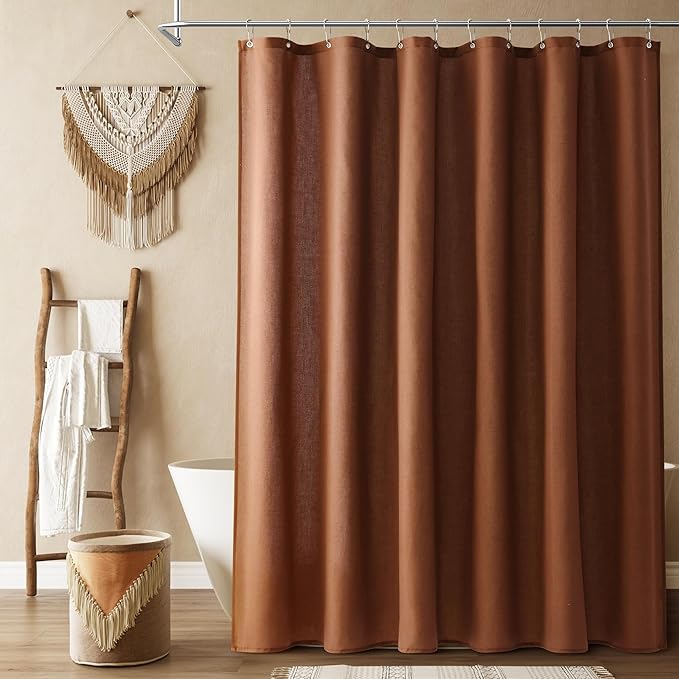 Naturoom Rustic Brown Linen Shower Curtain, Country Boho Farmhouse Bath Decor Shower Curtains Neutral Cloth Weighted Textured Fabric Bath Curtain Liner with Hooks, 72x96