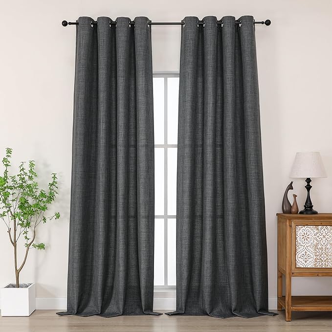 Chyhomenyc Coal Black Extra Long Curtains 120 Inch Length, Light Filtering Faux Linen Textured Soft Airy Living Room Curtains, Elegant Farmhouse Grommet Window Drapes, Each 50Wx120L, 10FT, 2PCS