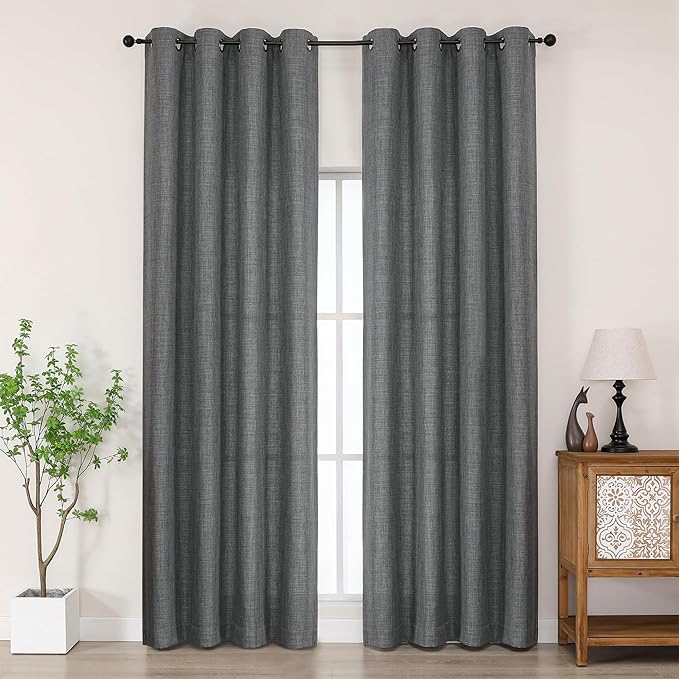 Chyhomenyc Dark Grey Curtains 96 Inch Length 2 Panels, Light Filtering Faux Linen Textured Soft Airy Curtains for Living Room, Thick Farmhouse Grommet Bedroom Drapes, 50Wx96L Inch, 2PCS