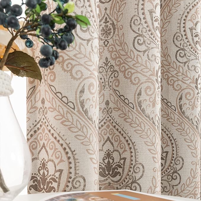jinchan Linen Textured Curtains for Living Room Darkening 96 Inches Long, Medallion Drapes for Bedroom, Damask Pattern Window Treatments Vintage Curtain Panels, 2 Panels Taupe on Greige