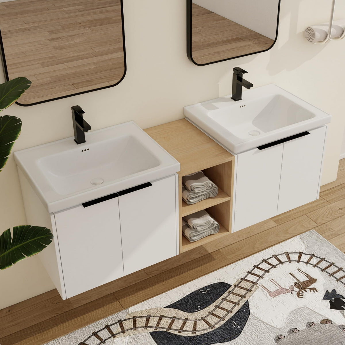Malwee 60 Inch Floating Bathroom Vanity with Double Sink, 4 Doors, White