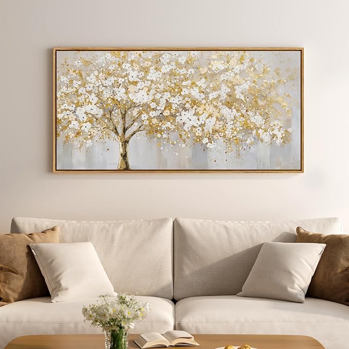 Large Framed Gold Tree Wall Art for Living Room, Neutral Gray White Canvas Painting for Modern and Elegant Home Decor, Golden Tree of Life Artwork for Bedroom Kitchen Dining Room Office, 20x40 Inch