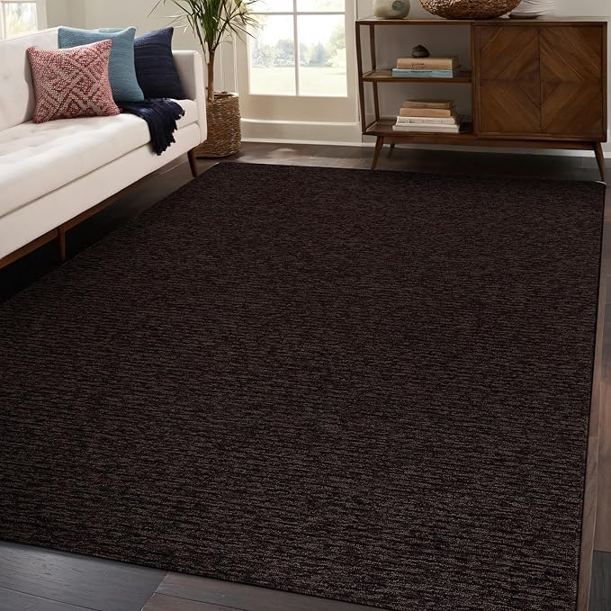 Beverly Rug Non-Slip Modern Rug 5x7 Solid Traditional Rubber Backing Machine Washable Soft Thin Indoor Area Rugs for Living Room Stain Resistant Non Shedding Casual Carpet (5 x 7 Brown)