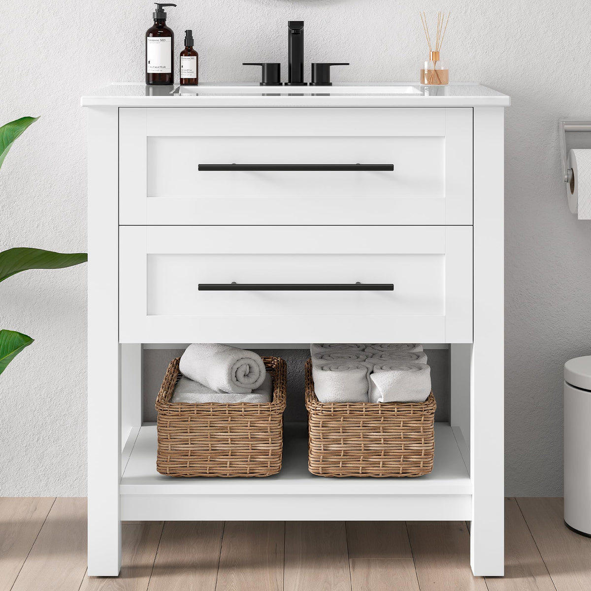 LIKIMIO 30" Bathroom Vanity with Sink, 2 Drawers & Open Shelf, White