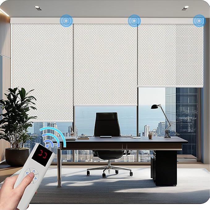 Motorized Blinds with Remote Cordless Automatic Motorized Shades Custom Blinds for Windows Smart Curtains Compatible with Alexa Google Home(3% Solar Beige,W34 x H72in)