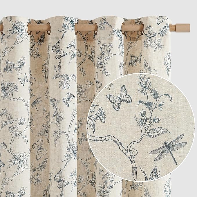 Lazzzy Linen Floral Farmhouse Curtains Blue Curtains 90 Inch Length Drapes for Living Room Bedroom Pattern Light Filtering Country Vintage Curtain Grommet Top, 2 Panels, Blue on Beige