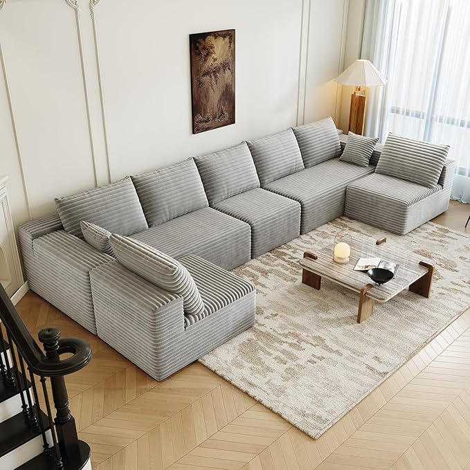 168.5" Modular Sectional Sofa, Oversized U-Shaped Minimalist Couches with 3 Middle Seats Chaise, Modern Deep Seat Convertible Sleeper Sofa, Cloud Plush Corduroy Fabric,7 Seater, Grey