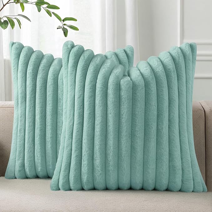 Pallene Faux Fur Plush Throw Pillow Covers 26x26 Set of 2, Luxury Soft Fluffy Striped Decorative Pillow Covers for Sofa, Couch, Living Room, Aqua