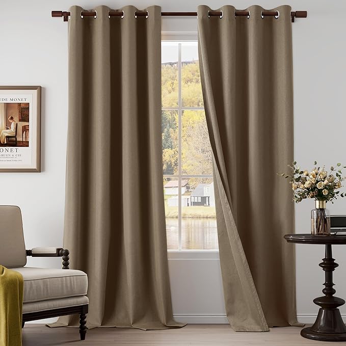 Extra Lenght 100% Blackout Linen Textured Curtains 120 Inch Length 2 Panels Set for Living Room, Bedroom, Full Blackout Curtains with Grommets Top, Brown, 52" W x 120" L, 2 Panels