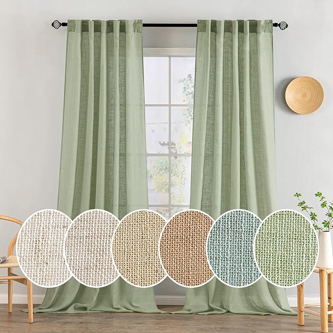 MIULEE Sage Green Linen Curtains 90 Inch Long for Bedroom Living Room, Soft Thick Linen Textured Window Drapes Semi Sheer Light Filtering Back Tab Rod Pocket Burlap Look Farmhouse Decor, 2 Panels
