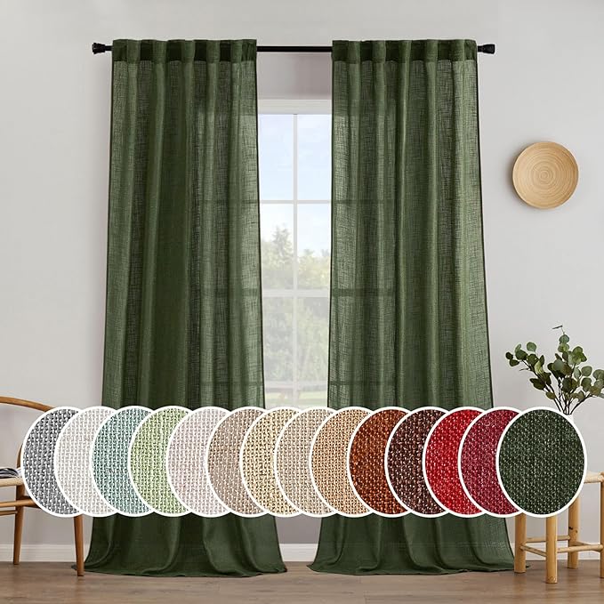MIULEE Olive Green Linen Curtains 108 Inches Long for Bedroom Living Room, Soft Thick Linen Textured Window Drapes Semi Sheer Light Filtering Back Tab Rod Pocket Christmas Decor, 2 Panels
