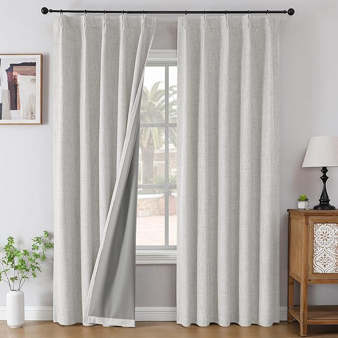 Joydeco Pinch Pleated Curtains - 100% Blackout for Bedroom, White Linen Curtains 40" W x 72" L, Thermal Insulated 2 Panels Light Blocking Drapes, Back Tabs for Living Room