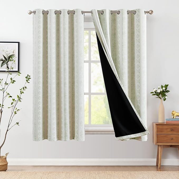 jinchan 95% Blackout Boho Curtains 63 Inch Length for Bedroom Living Room Sage Green on Beige Geometric Printed Grommet Top Room Darkening Thermal Insulated Window Drapes 2 Panels