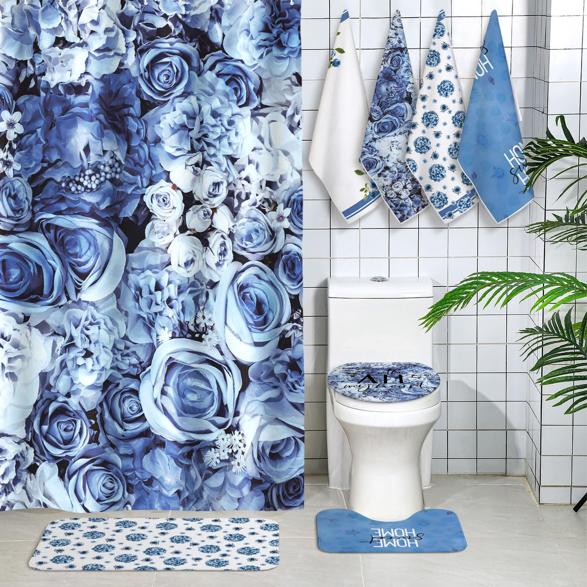 Honoson 8 Pcs Blue Floral Shower Curtain Bathroom Set with Rugs