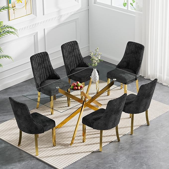 Rectangle Glass Dining Table Set for 6, 52'' Kitchen Table and Chairs Set, 7PCS Modern Dining Room Table Set with 6 Dining Chair for Home