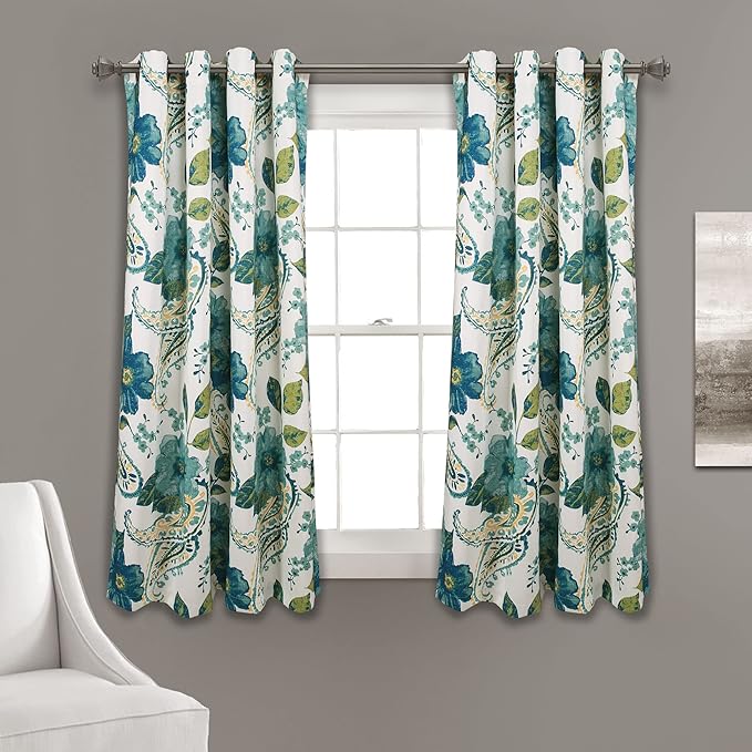 Lush Decor Floral Paisley Light Filtering Window Curtain Panel Pair, 52"W x 63"L, Blue