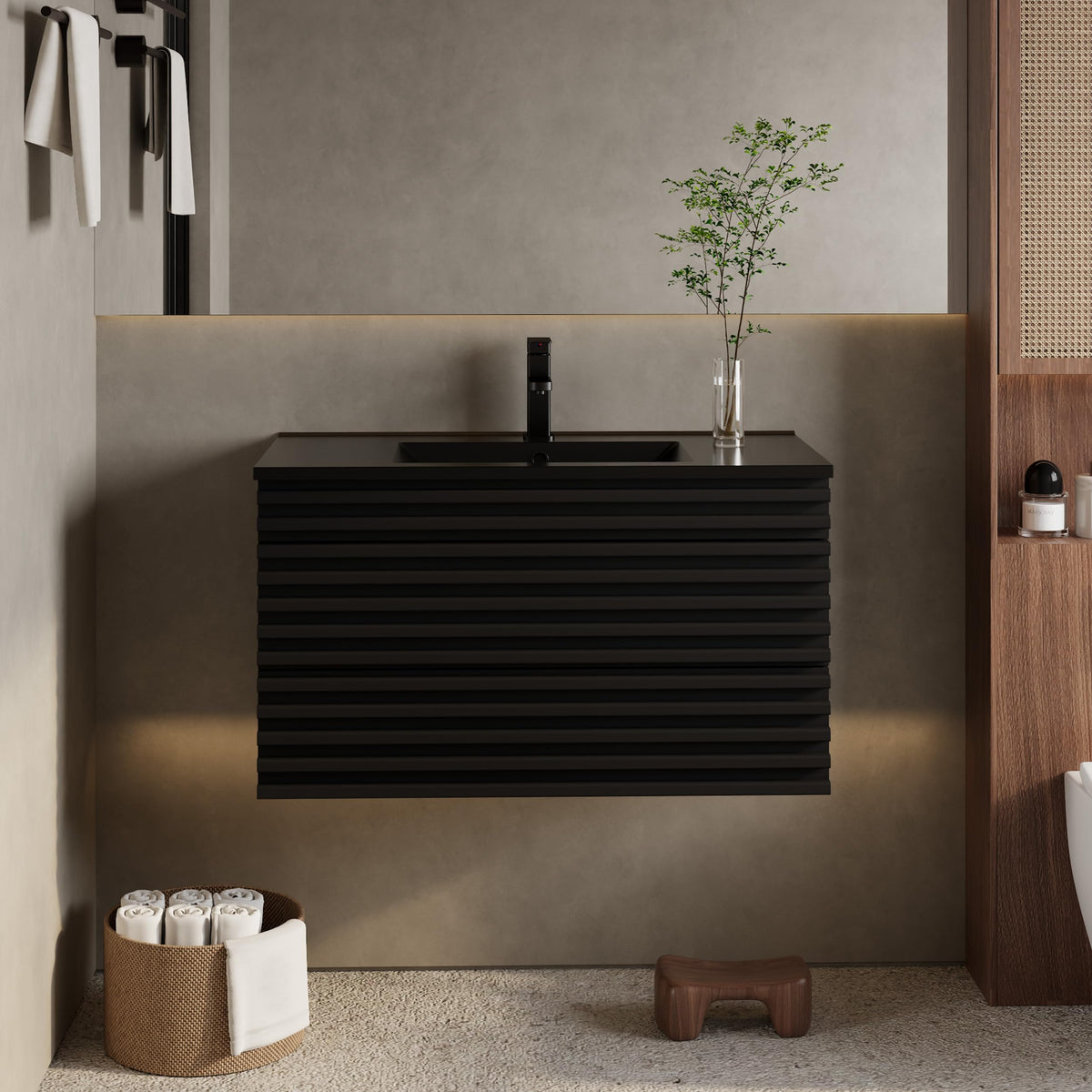 eclife 36" Floating Bathroom Vanity with Sink Combo, Mid-Century Wall Mounted Cabinet with Wood Stripes Decor, Drawers, Undermount Single Black Sink, Faucet, Drain, Black