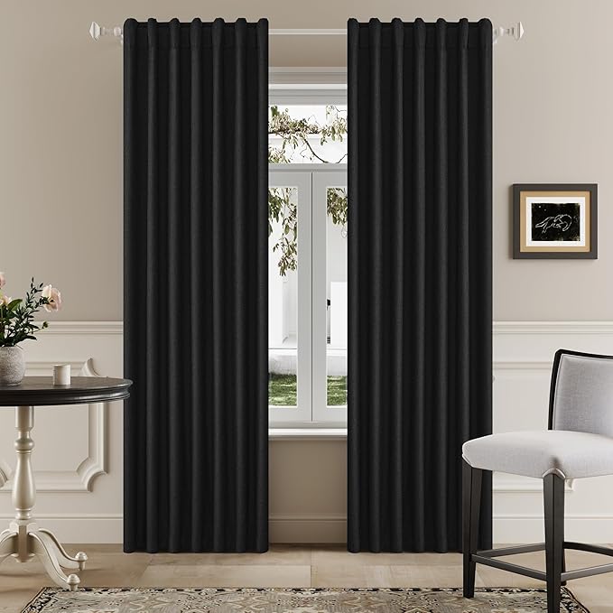 DUALIFE 100% Blackout Linen Black Curtains 84 Inch for Living Room Darkening, Bedroom Linen Drapes 84 Inches Long Rod Pocket/Back Tab Heat Blocking Bohemian Pleated Window Curtain(50"x84"x2)