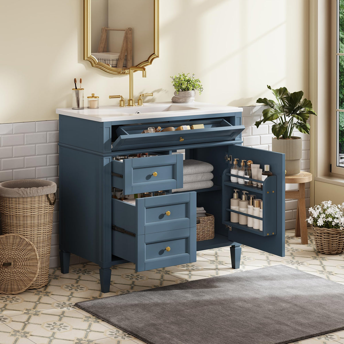 Virubi 36" Bathroom Vanity with Single Sink & Tip-Out Drawer, Blue