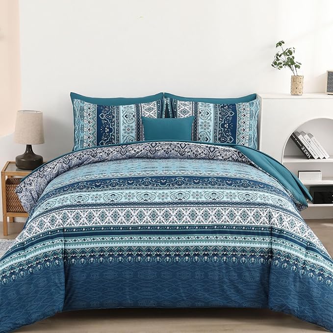 Cottolester Boho Comforter Set California King Size 8 Pieces, Teal Blue Comforter Bohemian Striped Bed in A Bag, Soft Microfiber Bedding Set for All Seasons